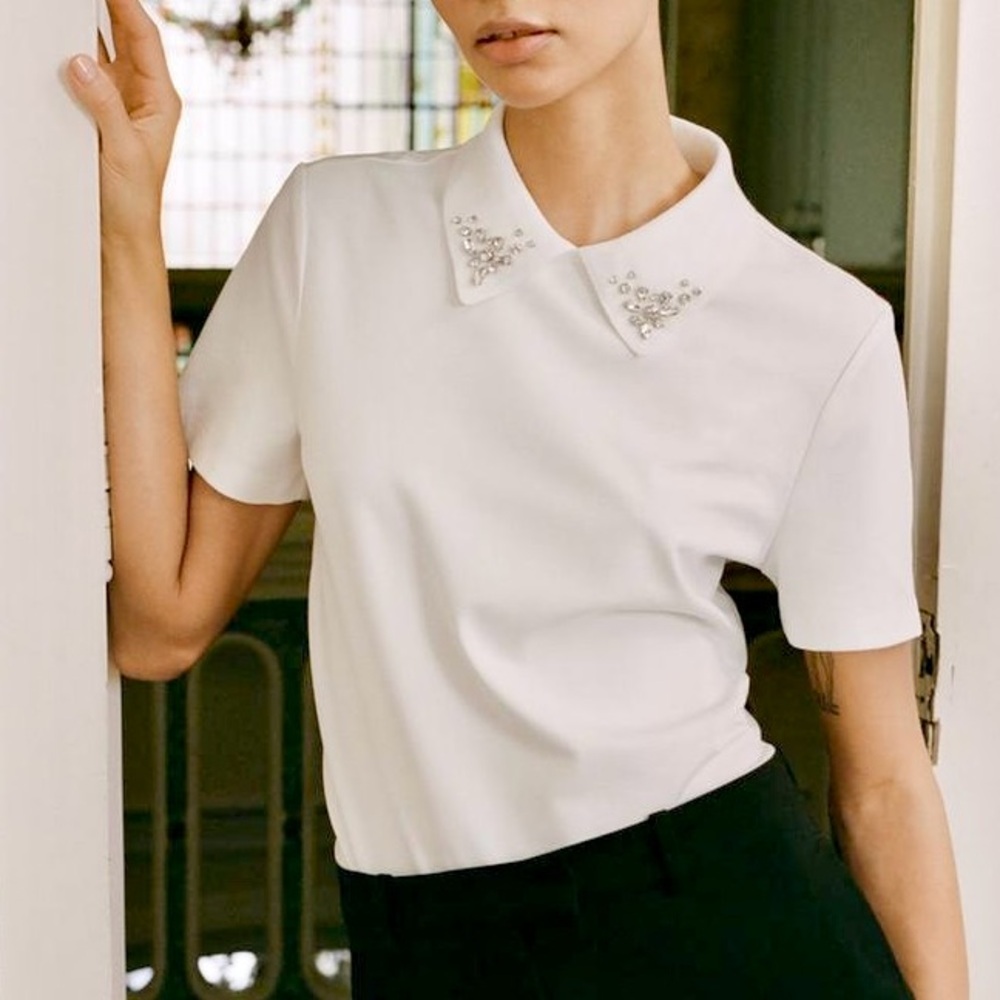 Zara White Embellished Collar Top